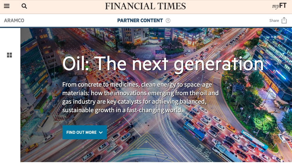 Screen shot of Financial Times' partner content page for Aramco.